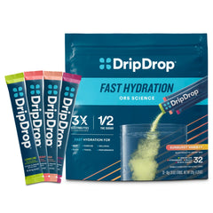 DripDrop empaque frontal Sunburst mostrando 32 sobres y beneficios