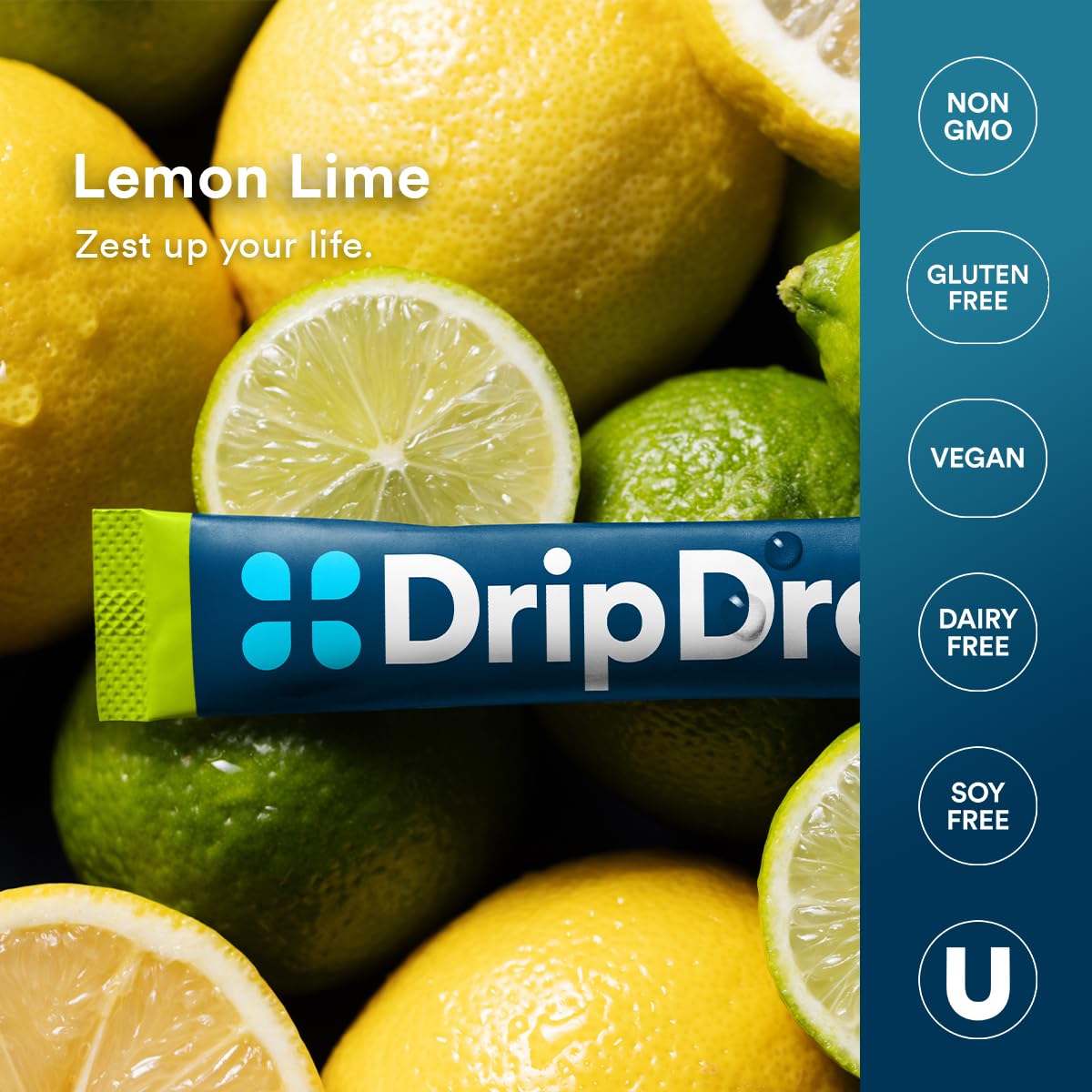 DripDrop etiqueta con lista de ingredientes y certificaciones, transparencia nutricional
