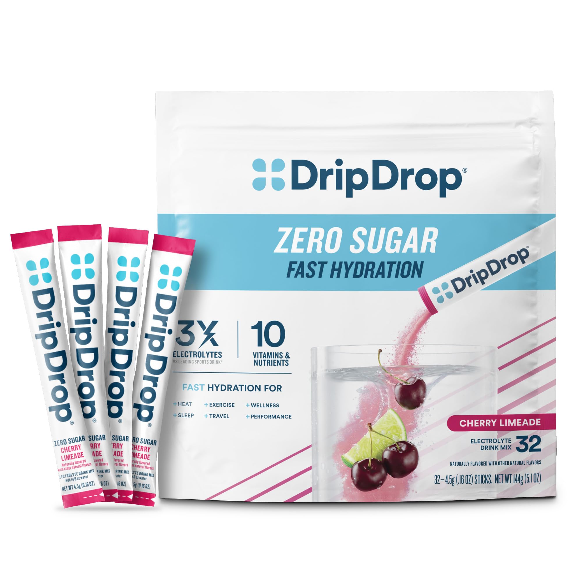 DripDrop frente del empaque Cherry Limeade mostrando 32 sobres y conveniencia