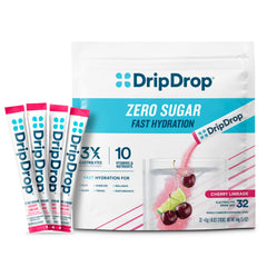 DripDrop frente del empaque Cherry Limeade mostrando 32 sobres y conveniencia