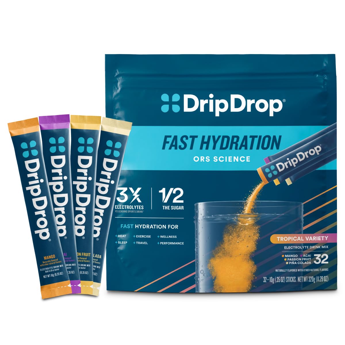 DripDrop empaque frontal tropical mostrando 32 sobres y beneficio de hidratación rápida