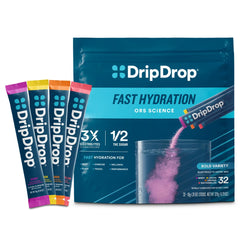DripDrop frente del paquete mostrando 32 sobres, fácil transporte