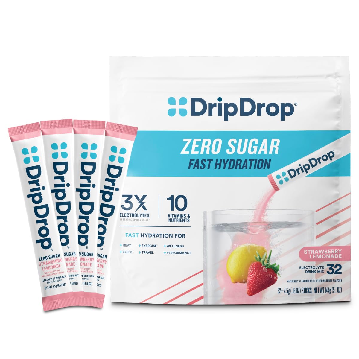 DripDrop empaque frontal fresa-limón mostrando conveniencia y sabor
