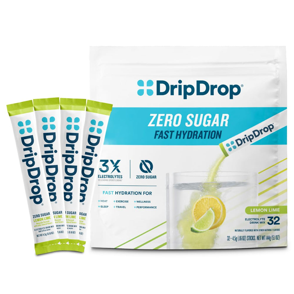 DripDrop paquete frontal mostrando diseño y cantidad 32 sobres, hidratación portátil