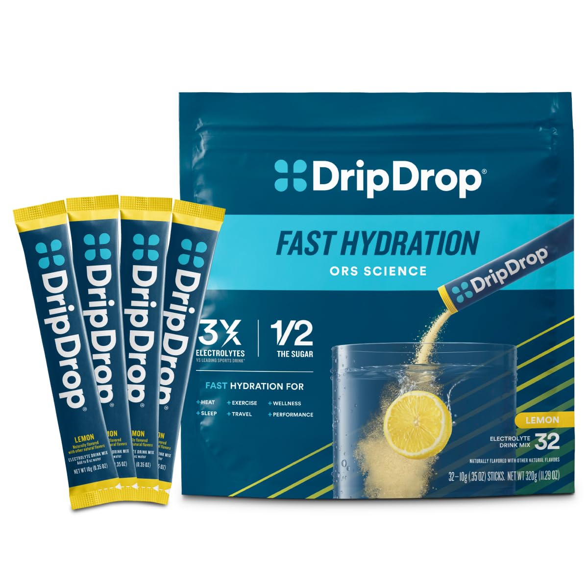 DripDrop frontal de la caja mostrando 32 sobres y ventaja de portabilidad