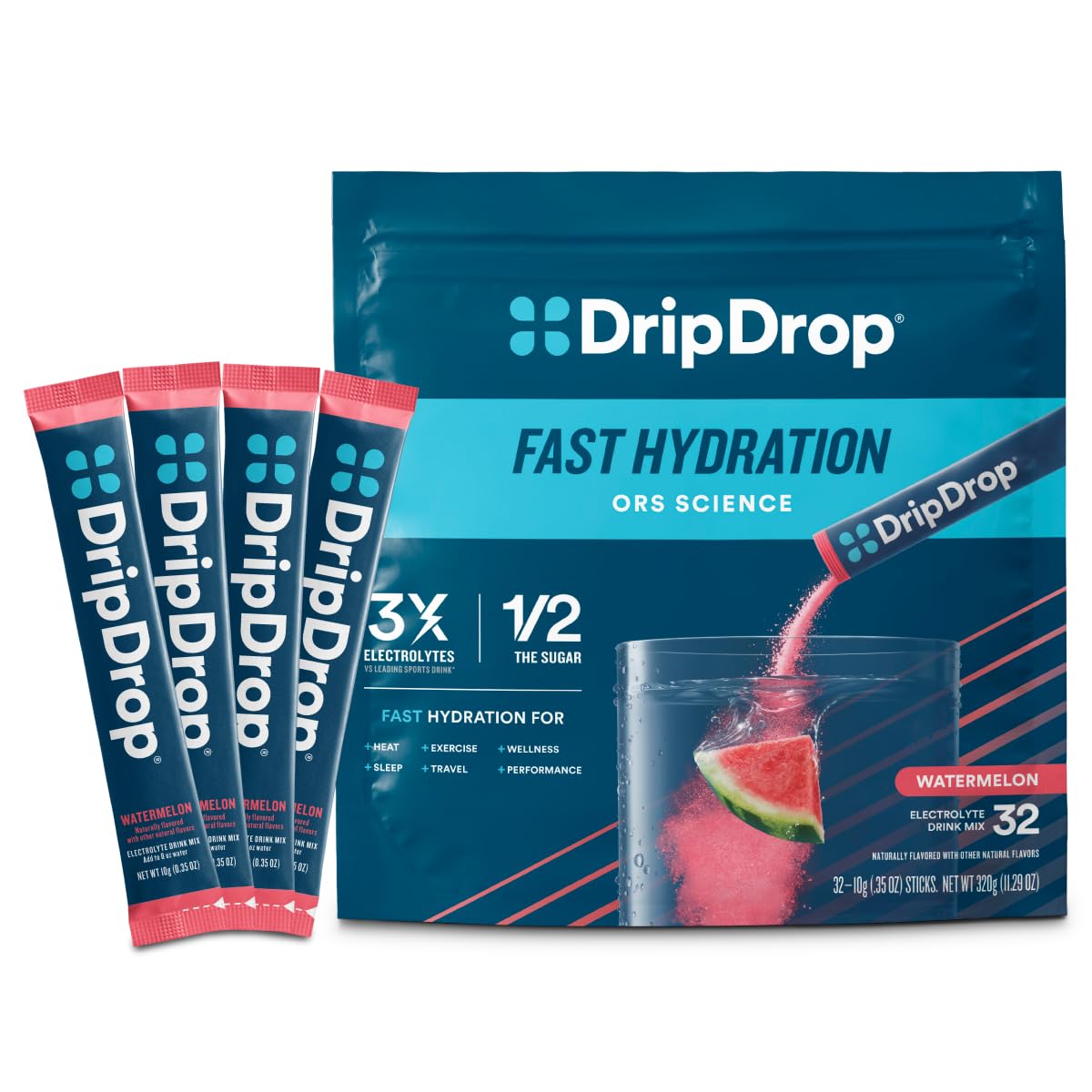 DripDrop paquete frontal con diseño y 32 sobres, fácil transporte