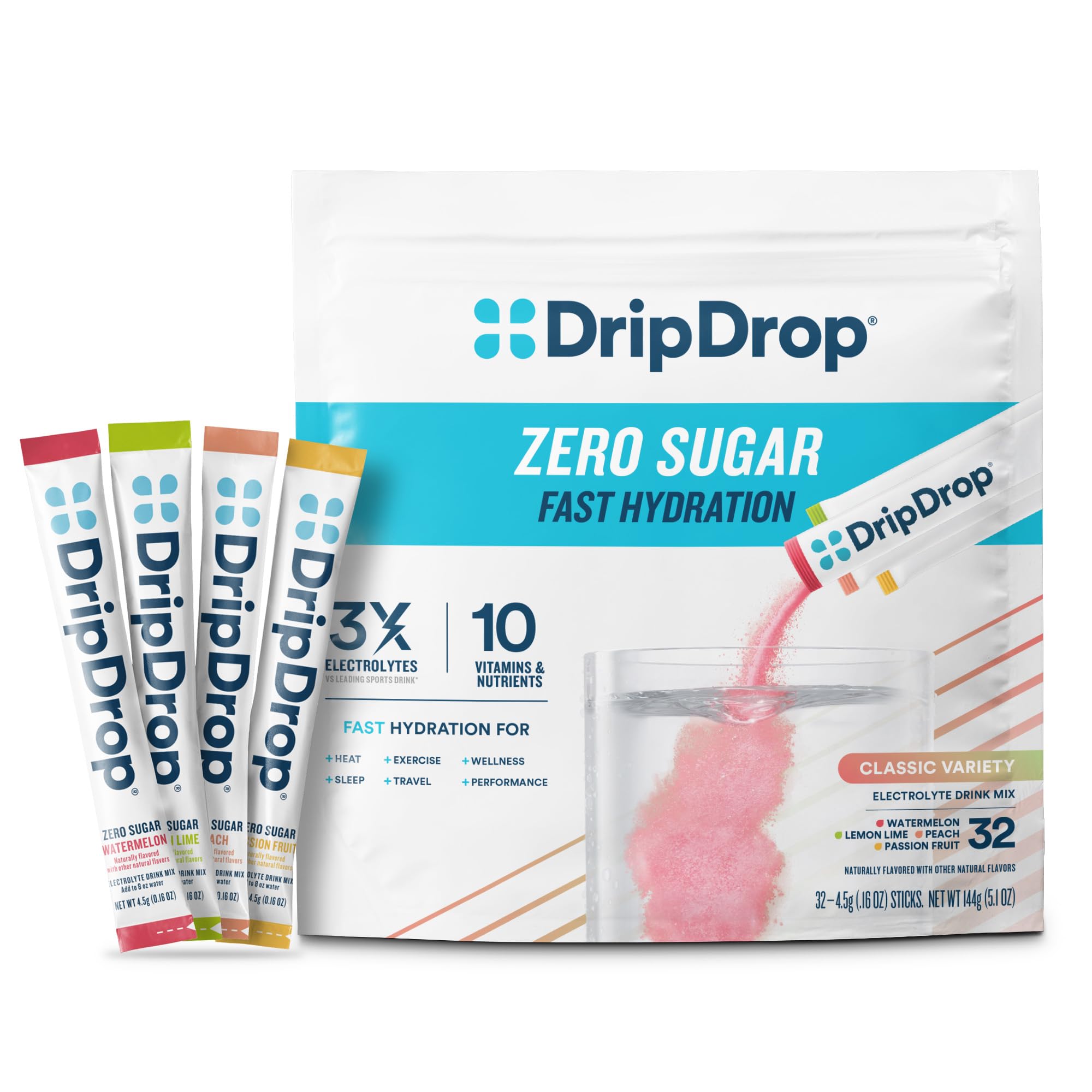 DripDrop pack variedad frontal mostrando 32 sobres y sabores reconocibles