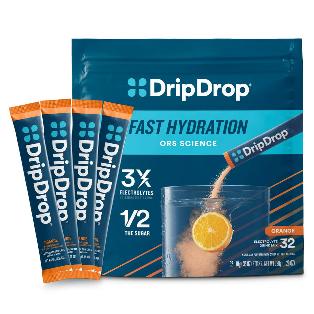 DripDrop paquete frontal sabor naranja mostrando diseño y conveniencia de la caja