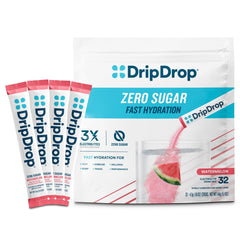 DripDrop empaque frontal Watermelon mostrando 32 sobres y beneficio de hidratación portátil