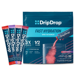DripDrop paquete frontal mostrando 32 sobres y variedad de sabores, hidratación rápida