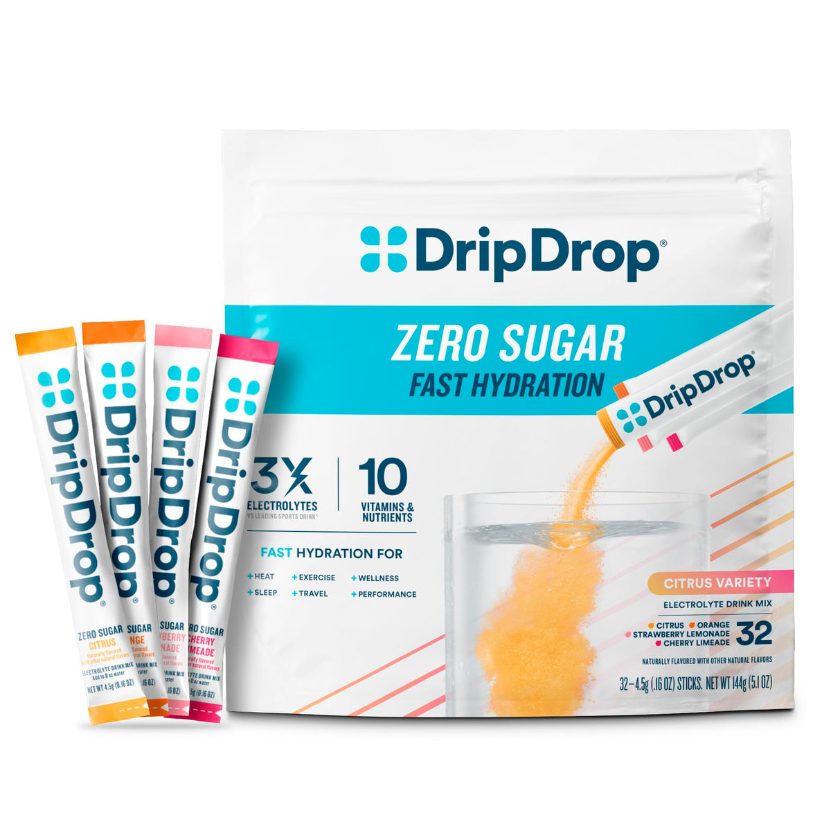 DripDrop paquete frontal mostrando los 32 sobres y variedad de sabores