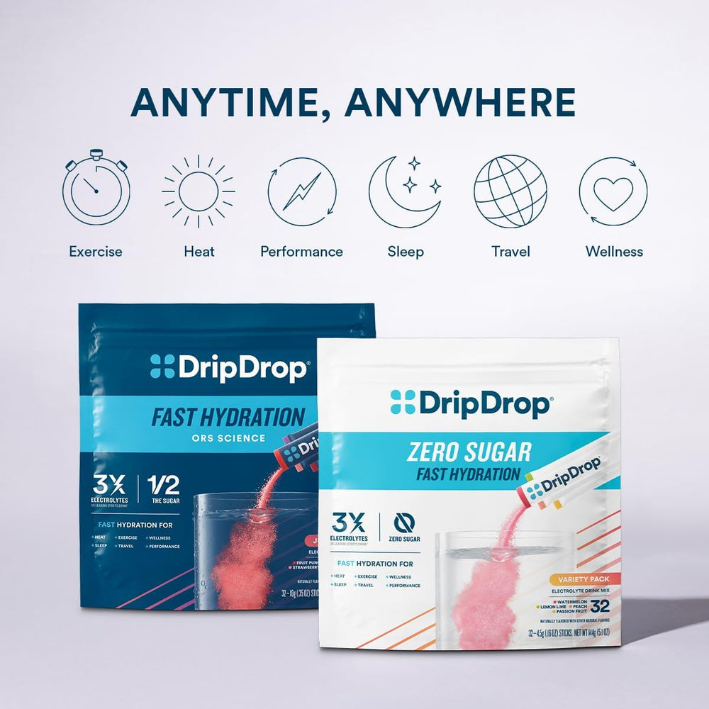 DripDrop caja abierta con 32 sobres para almacenamiento práctico