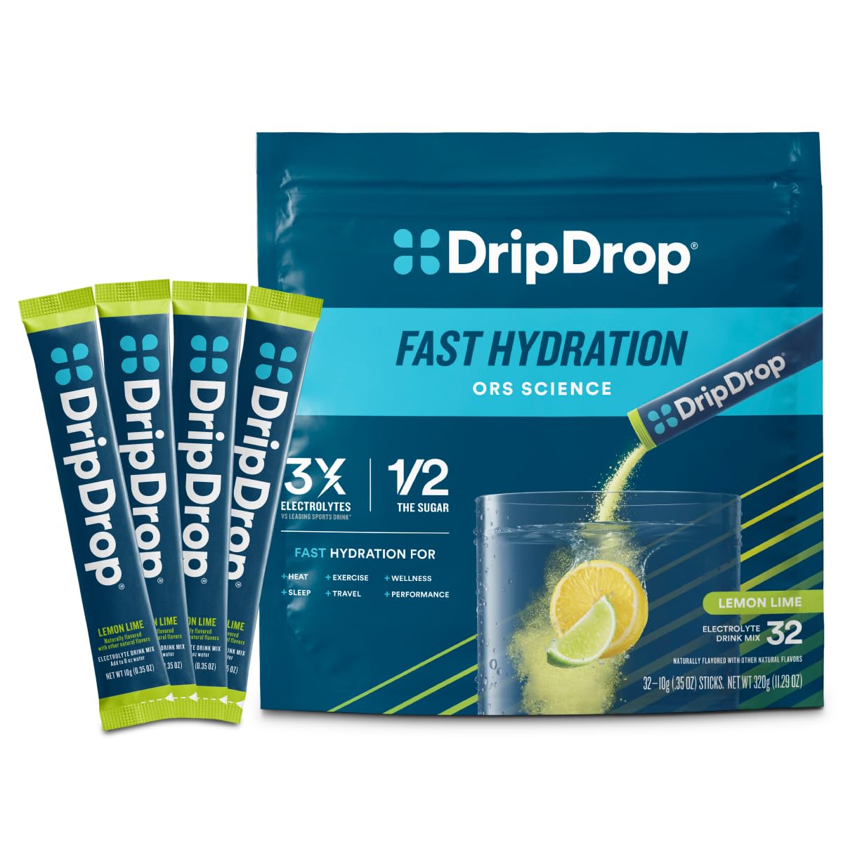 DripDrop sobre frente mostrando diseño y sabor limón-lima, práctico para llevar