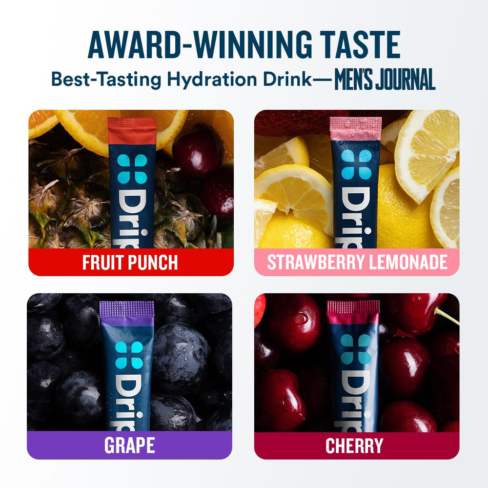 DripDrop selección de sabores frutales en sobres, opción sabrosa y baja en azúcar