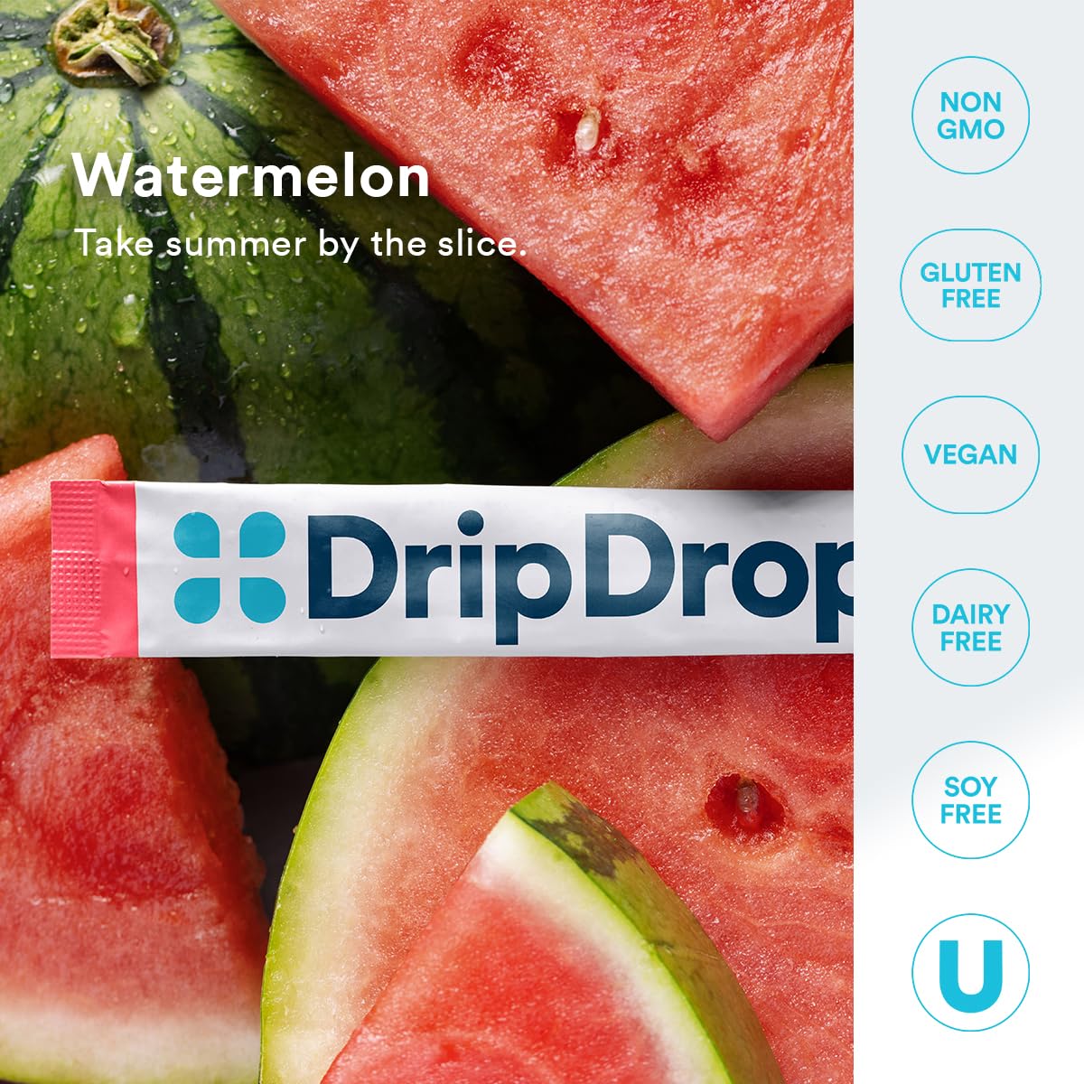 Vaso con bebida DripDrop Watermelon mezclada, sabor refrescante y sin azúcar
