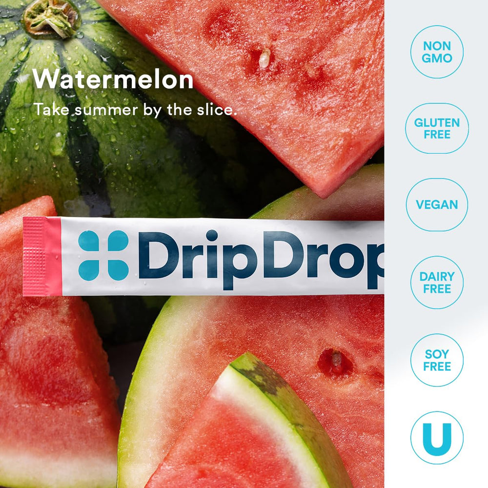 Vaso con bebida DripDrop Watermelon mezclada, sabor refrescante y sin azúcar