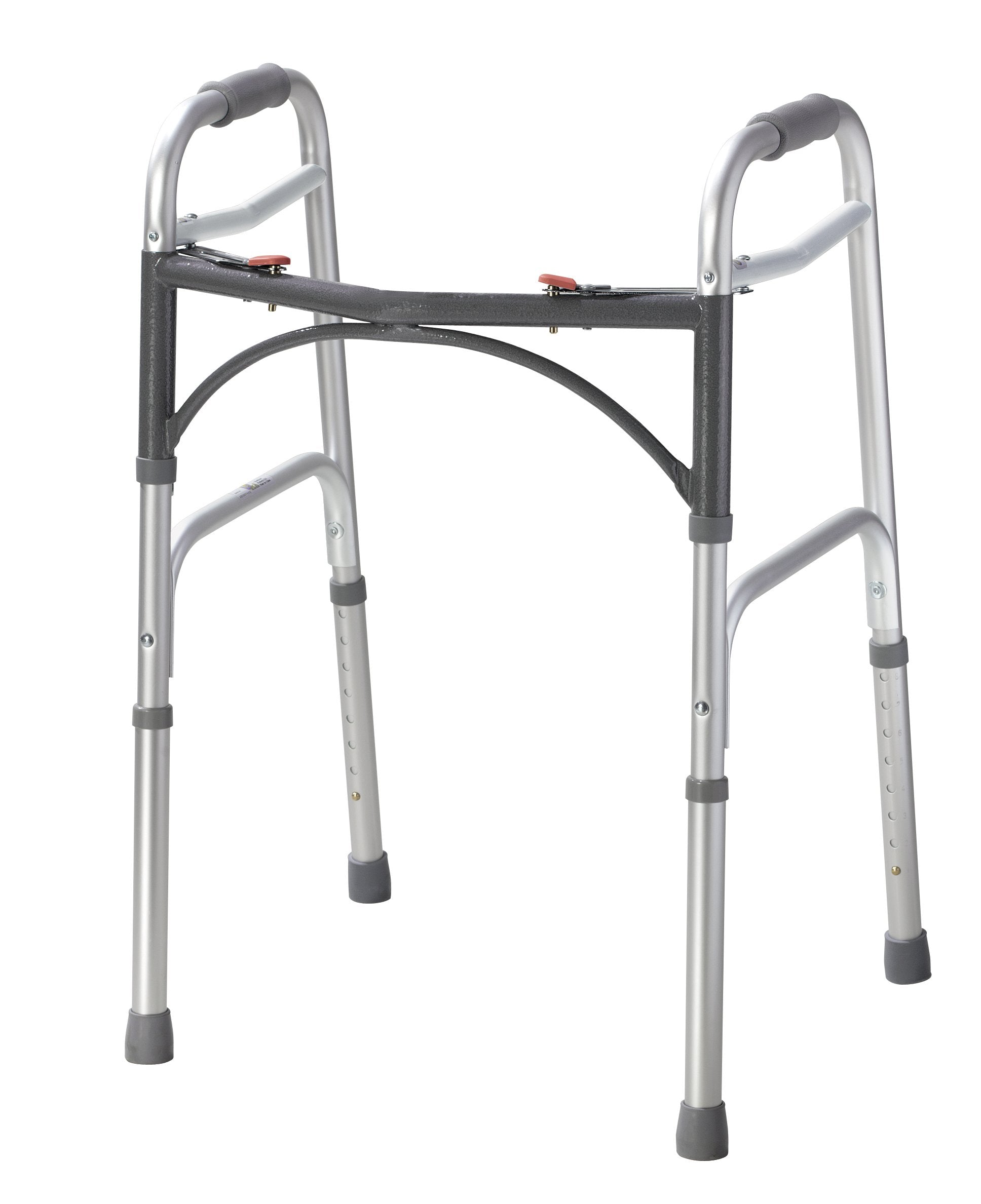 Drive Medical andador frontal plateado mostrando estructura resistente y aspecto moderno