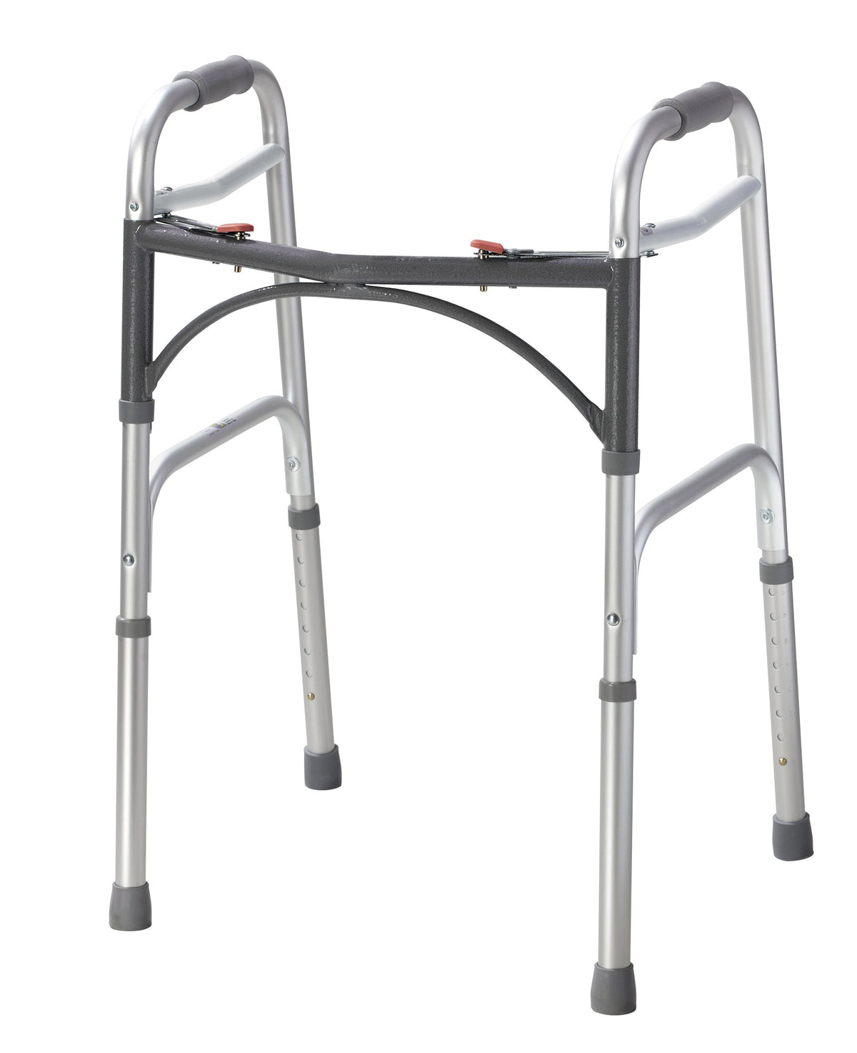 Drive Medical andador frontal plateado mostrando estructura resistente y aspecto moderno