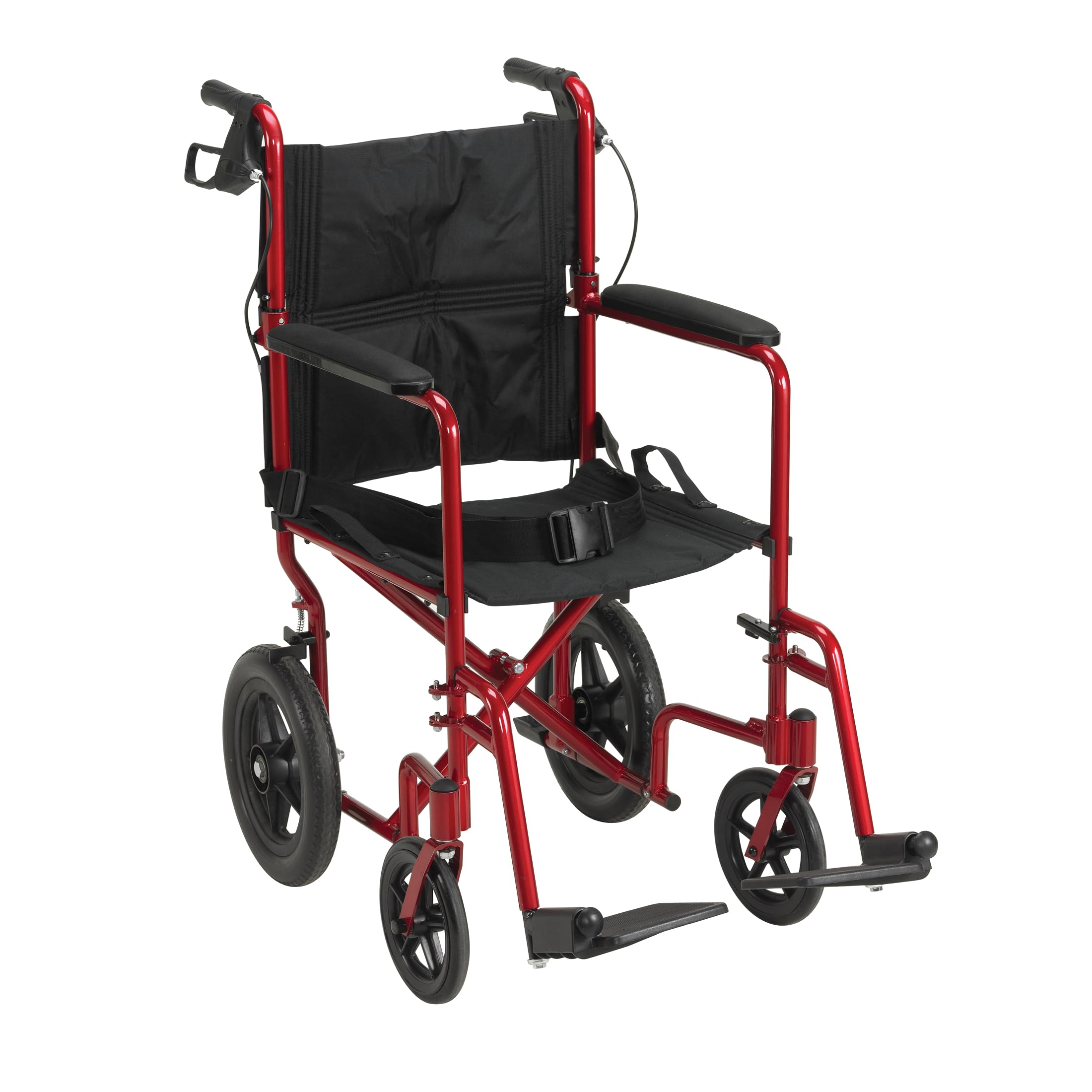 Drive Medical vista frontal de la silla roja mostrando estructura ligera y ventaja de transporte