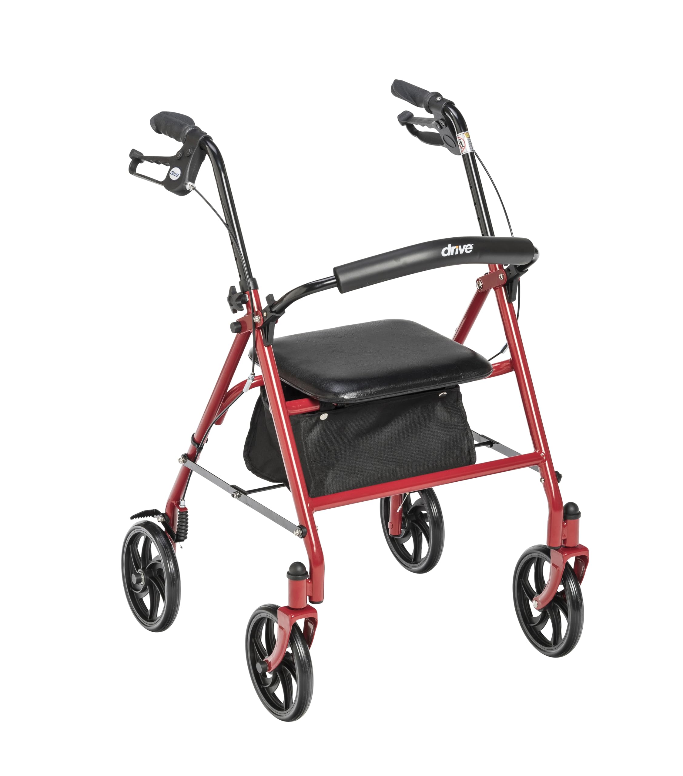 Drive Medical vista frontal del rollator rojo mostrando asiento y manijas, comodidad instantánea