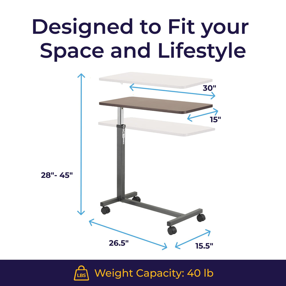 Drive Medical overbed table beside a wheelchair demonstrating accessibility and close reach
