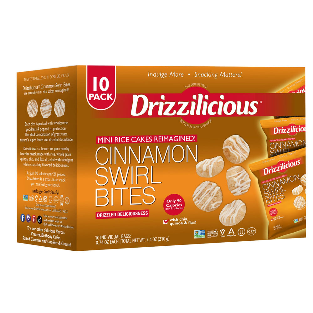 Drizzilicious empaque frontal Cinnamon Swirl muestra sabor y porciones