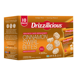 Drizzilicious empaque frontal Cinnamon Swirl muestra sabor y porciones
