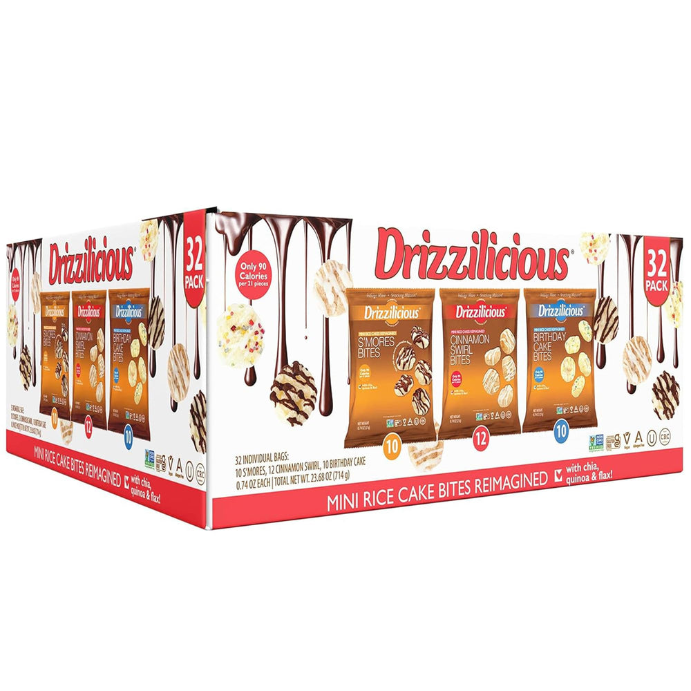 Drizzilicious frente del empaque mostrando variedad y conveniencia