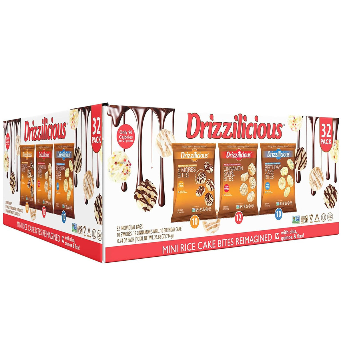 Drizzilicious frente del empaque mostrando variedad y conveniencia