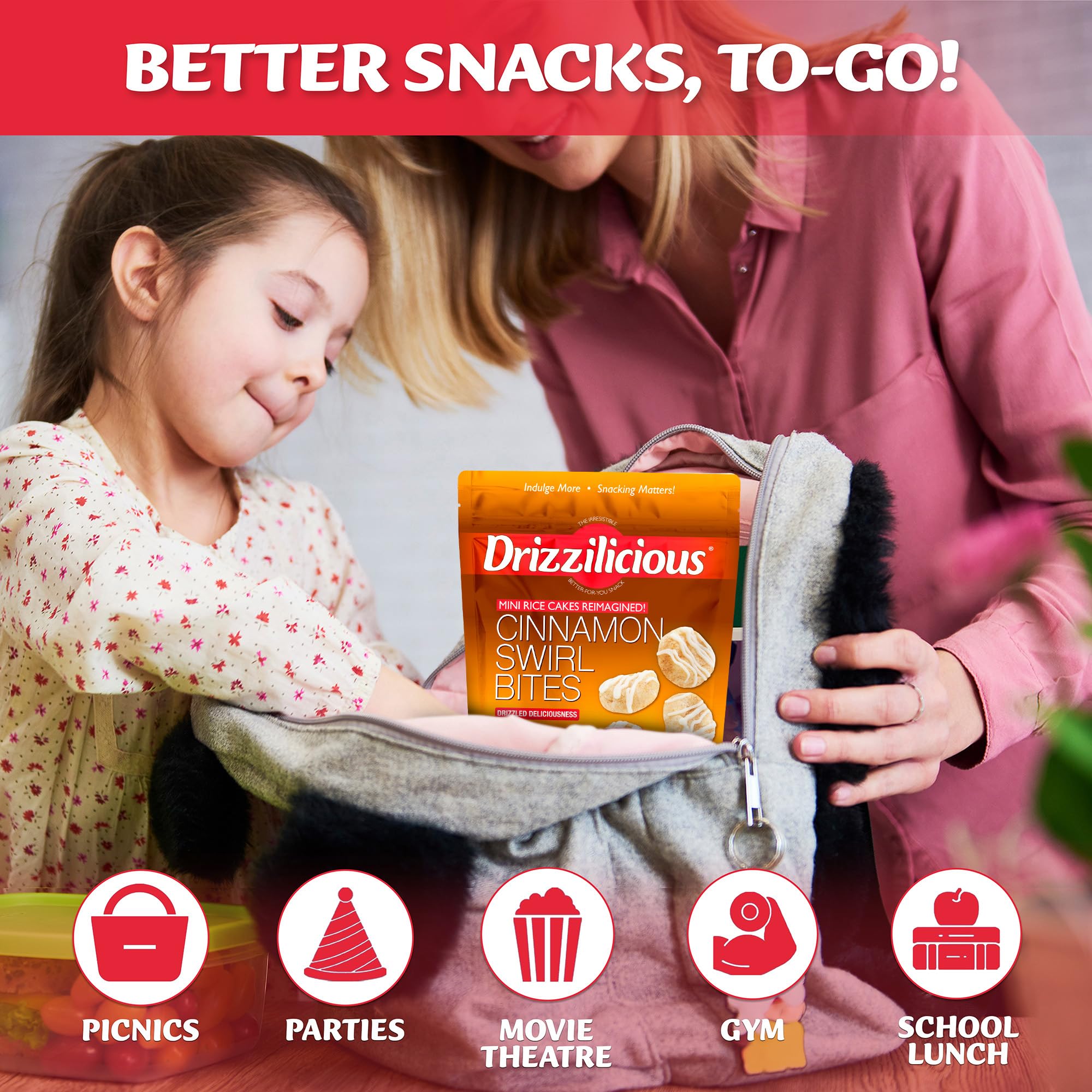 Drizzilicious etiqueta nutricional visible con calorías por bolsa