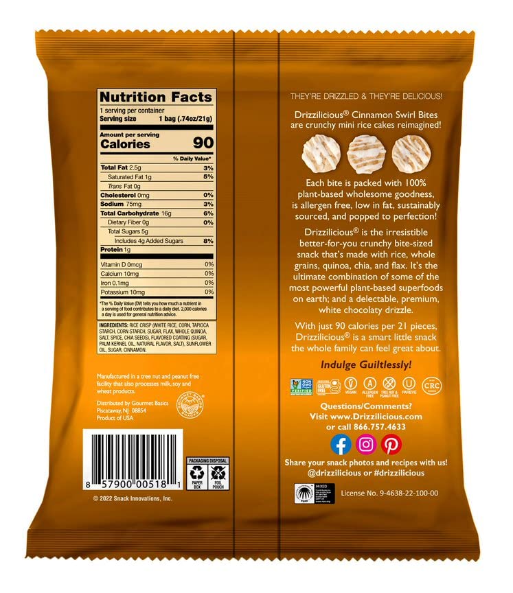 Drizzilicious listado de ingredientes resaltando sin gluten y vegano