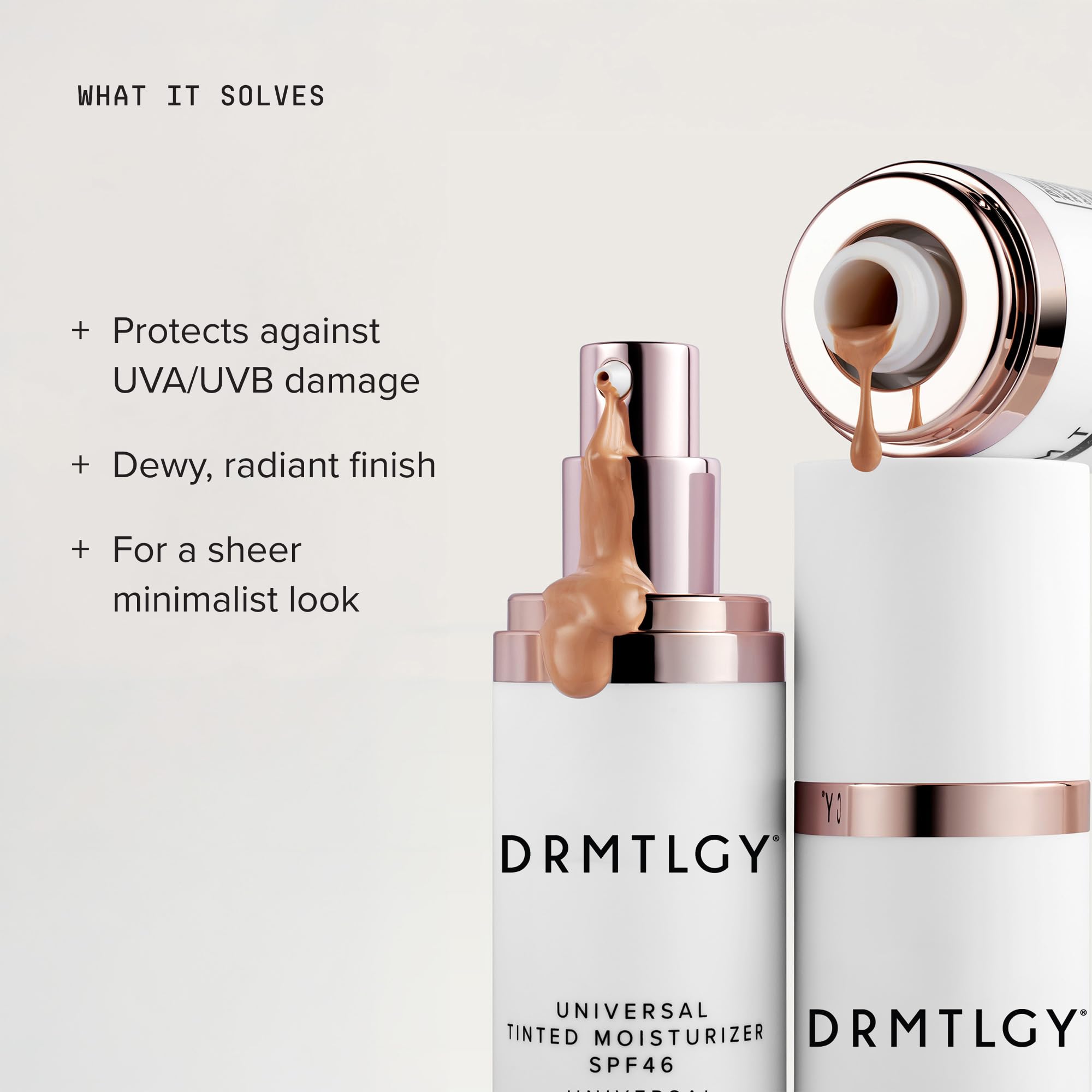 DRMTLGY aplicación en mano mostrando el tono universal y cobertura natural inmediata
