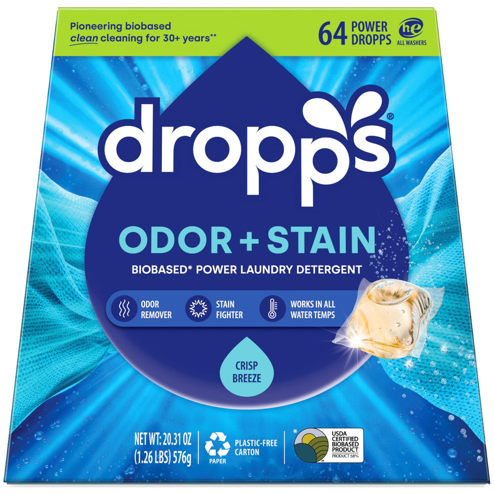 dropps caja delantera Crisp Breeze mostrando envase sin plástico y beneficio ecológico
