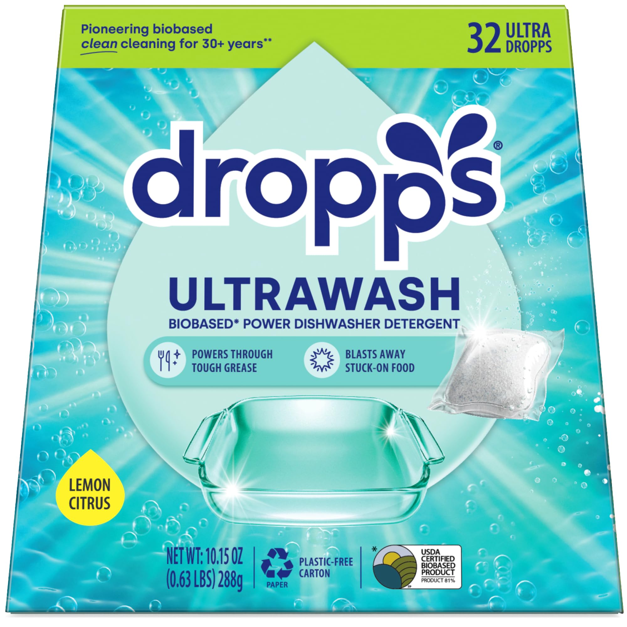 dropps paquete frontal Limón Citrus mostrando diseño y beneficio ecológico