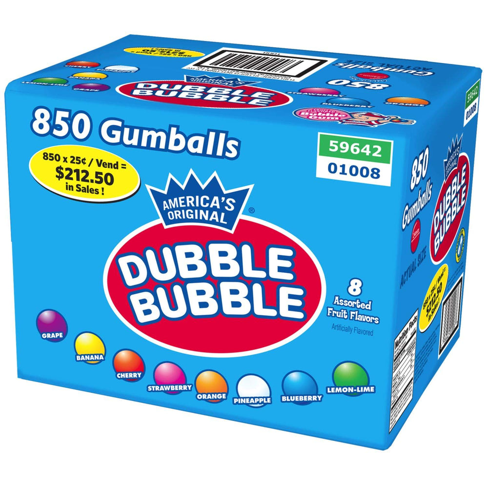 Dubble Bubble paquete frente mostrando 850 bolas de chicle frutal ideal para venta