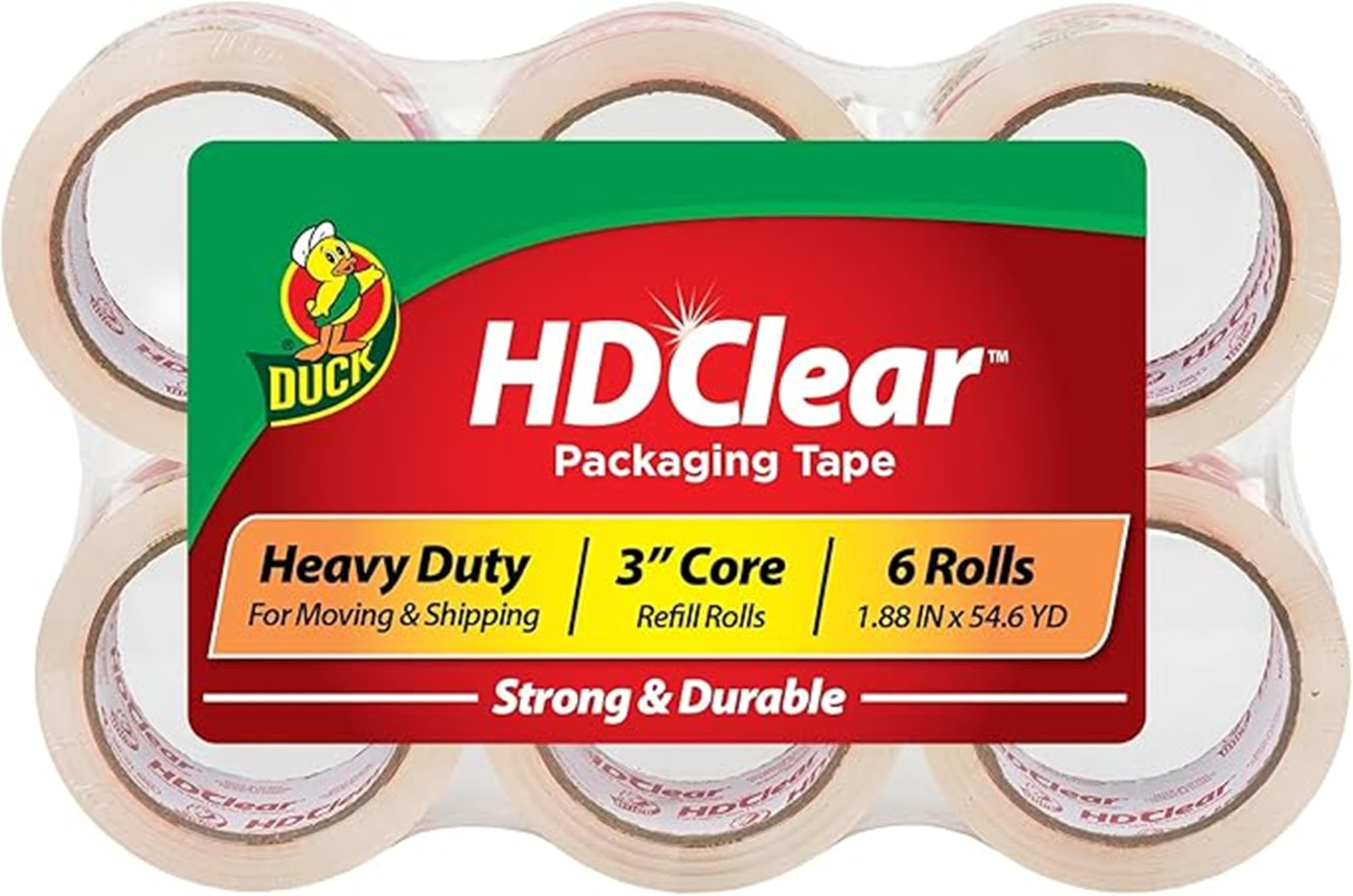 Duck HD clear front packaging showing six refill rolls and product branding benefit