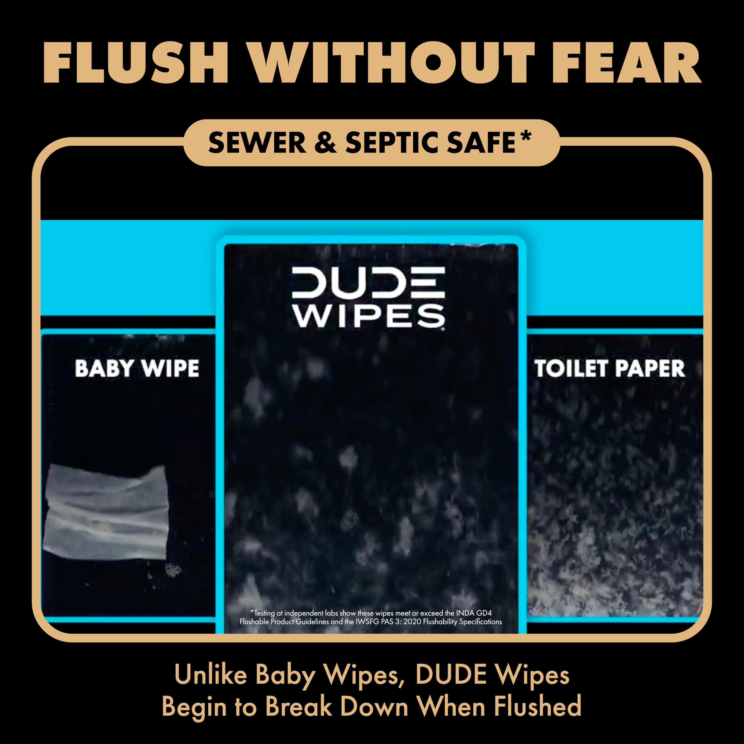 DUDE Wipes comparación de tamaño junto a un rollo de papel para cubrir más superficie