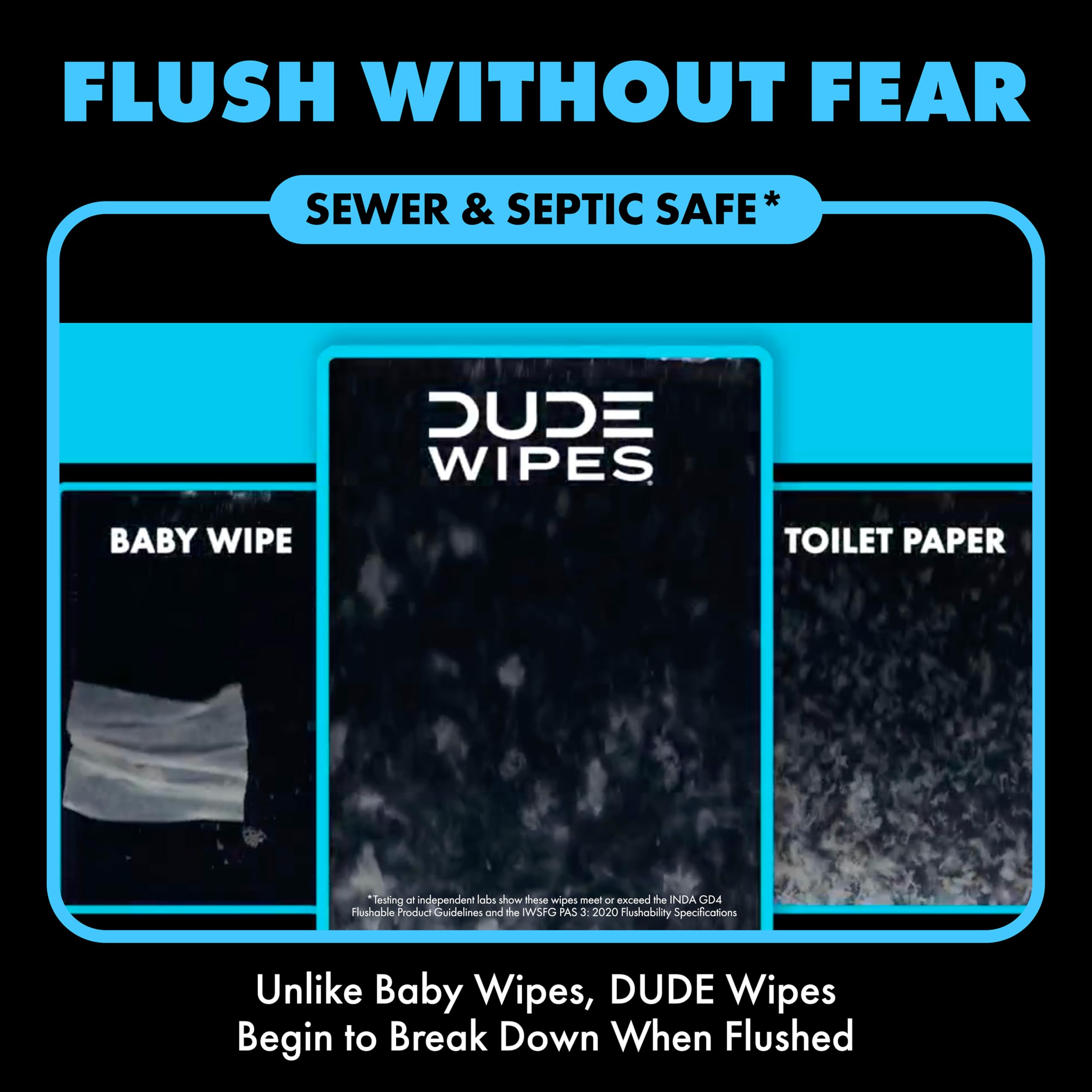 DUDE Wipes comparación de tamaño junto a objeto cotidiano para escala