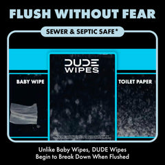 DUDE Wipes comparación de tamaño junto a rollo de papel indicando mayor cobertura
