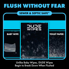 DUDE Wipes comparación tamaño junto a rollo de papel para cobertura superior