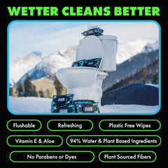 DUDE Wipes uso en baño por adulto mostrando sensación de frescor intenso