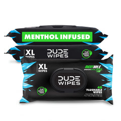 DUDE Wipes frente del paquete mostrando mentol y cantidad, refresco instantáneo
