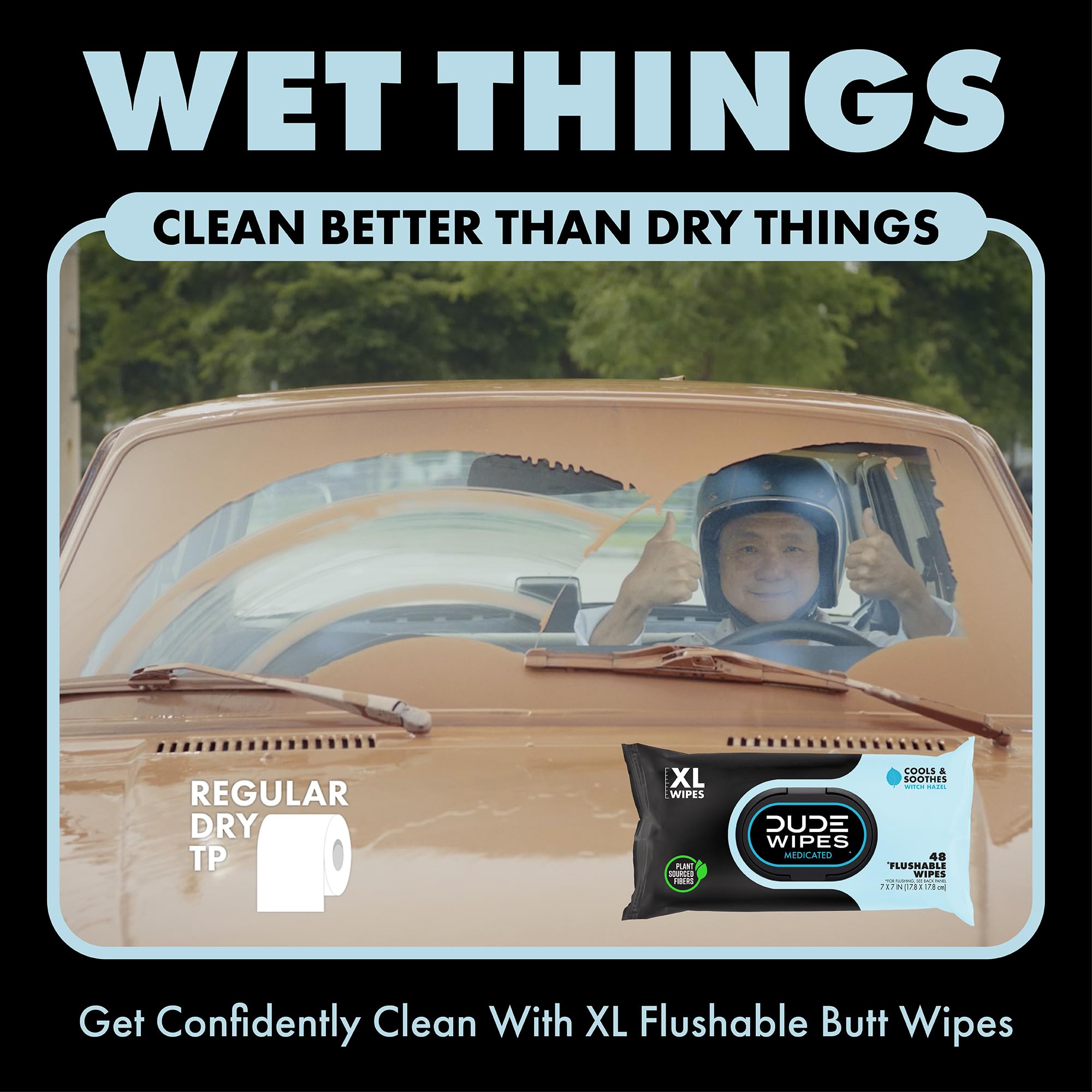 DUDE Wipes mano usando toallita demostrando limpieza eficiente y confort