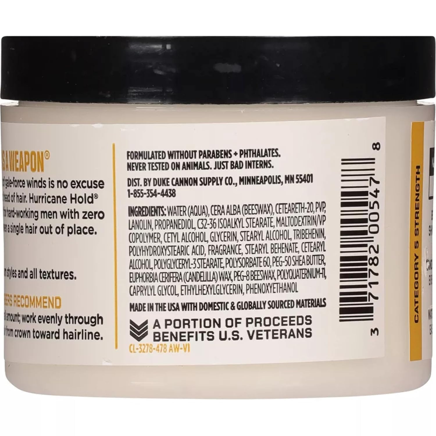 Duke Cannon pomada etiqueta legible con ingredientes y beneficios