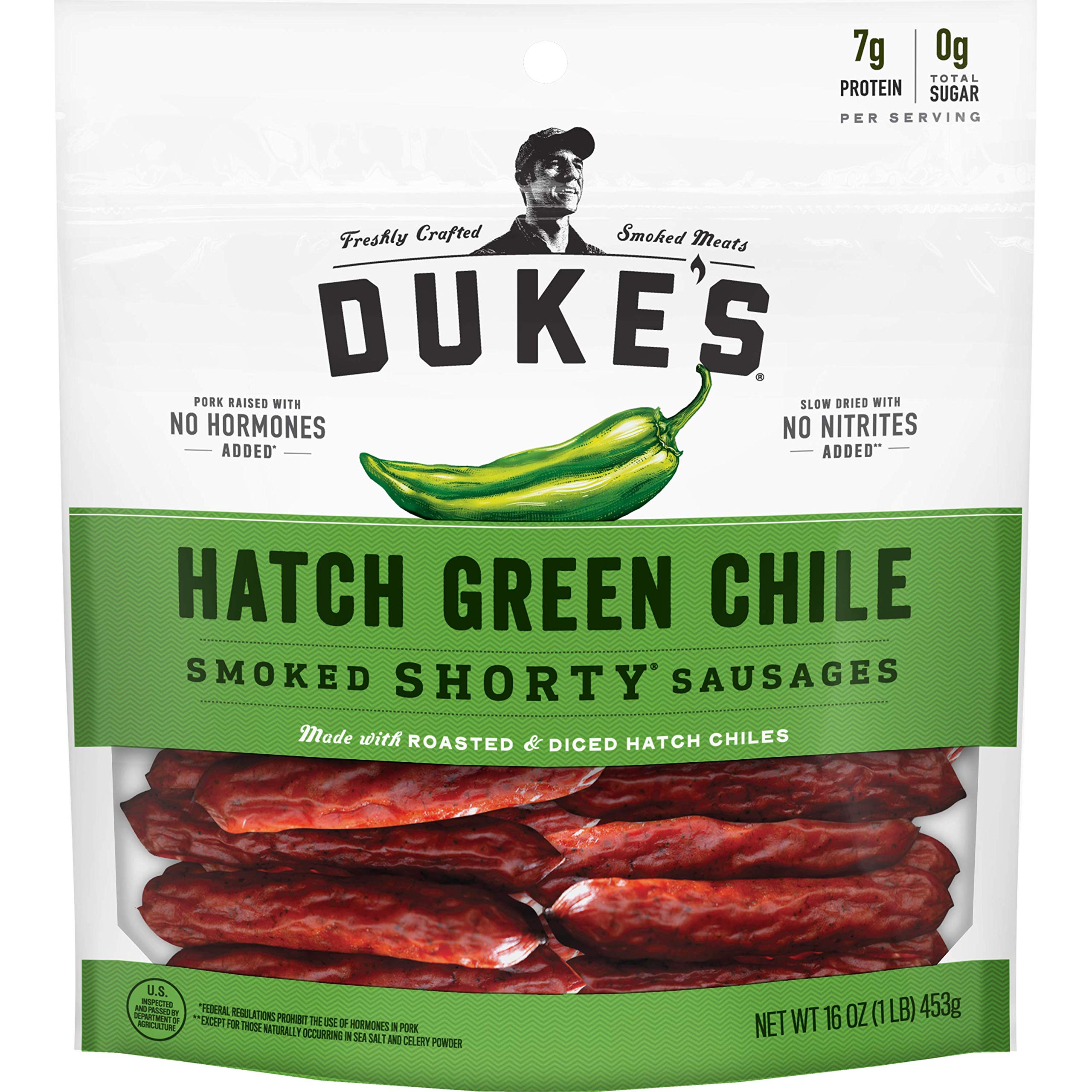 DUKE'S paquete frontal de Shorty Hatch Green Chile mostrando el envase y marca
