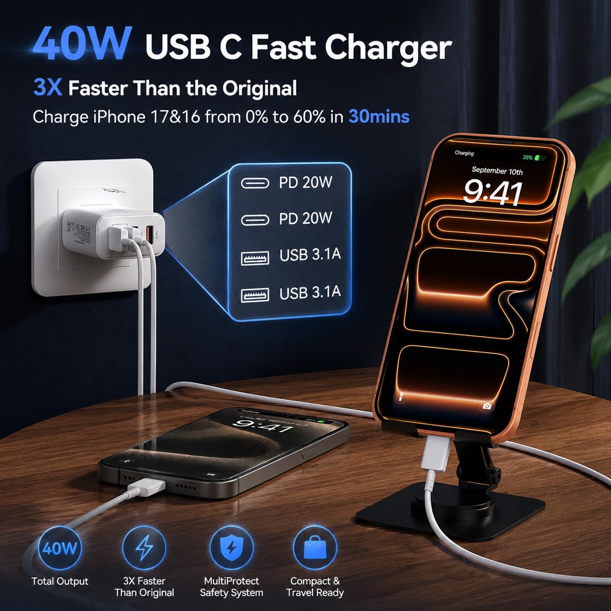 Duloch close up de puertos USB‑C y USB‑A, carga rápida segura