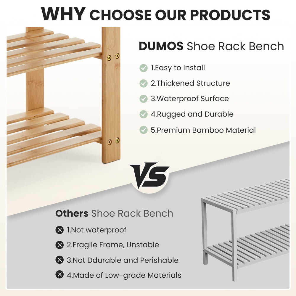DUMOS banco junto a zapatos para mostrar escala y tamaño