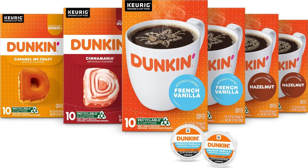 Dunkin' caja frente mostrando 60 cápsulas para variedad y conveniencia