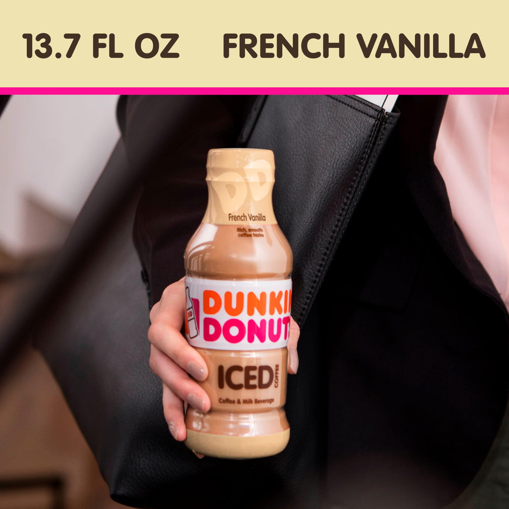 Open fridge with Dunkin' 12-pack stored neatly to illustrate easy refrigeration and stock-up benefit