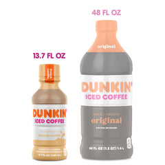 Dunkin' French Vanilla poured into a glass with ice demonstrating creamy texture and serving suggestion